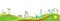 Garden vertical landscape panorama. Spring illustration in hand drawn doodle style with flowers, work tools, garden gnomes and