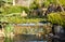 Garden water pond filled with Lillies, waterfalls over sandstone rock ledge set in lush plants surrounds