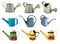 Garden watering can of different types and various materials on a white background