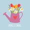 Garden watering can with spring flowers tulips and daffodils. Vector Illustration EPS10