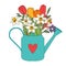 Garden watering can with spring flowers tulips and daffodils. Vector Illustration EPS10