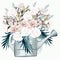 Garden watering can with white roses and palm leaves fashion vector illustration in vintage watercolor style