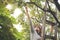 Garden Woman is Picking up an Apples on Ladder