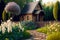 garden wooden tiny house with path and flower beds