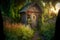 Garden wooden tiny house with path and flower beds