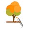 Garden work icon isometric vector. Yellowed autumn tree and metal garden rake