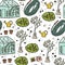 Garden works seamless pattern hand drawn cute flat cartoon style. Gardening doodles. Spring or summer green house work