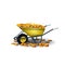 Garden yellow wheelbarrow with gold coins isolated on a white background.