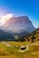 Gardena Pass, Trentino Alto Adige, Italy. Gardena Pass with Sassolungo mountain on the background. Passo Gardena, alpine pass