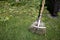 The gardener cleans the garden with a fan rake