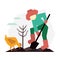 Gardener digs the ground. Spring countryside scene