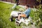 Gardener driving a riding lawn mower in a garden.