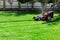 Gardener by electric lawn mower cutting green grass in the garden. Garden meadow lawn cutting. Worker guy trimmed grass field.