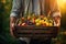 gardener holding a crate of summer fruit, grapes, apples, apricots. harvest concept