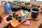 Gardener holds container with soil in his hand for sowing vegetables seeds with use garden tools.