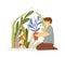 Gardener job or leisure activity. A man hunker down in greenhouse with leafy plants, botanical cartoon.