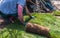 Gardener laying turf in a home garden