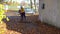Gardener man with leaf blower cleaning path from colorful autumn leaves
