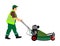 Gardener man mowing lawn mower vector. Farmer with agricultural machinery.