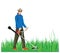 Gardener mowing grass