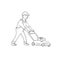 Gardener Mowing Lawn With Lawnmower Side View Black and White Cartoon