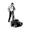 Gardener Mowing With Lawnmower Front View Woodcut Black and White