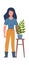 Gardener with plant. Woman holding flowers, agricultural worker vector character