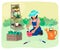 Gardener plants flowers in the garden.An agricultural worker plants seedlings.The girl is fond of gardening