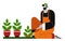 Gardener and plants in pots, man planting potted flowers