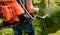 Gardener in protective mask and glasses spraying toxic pesticides trees