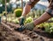 Gardener sowing seeds, gardener hands working soil, plants, ia