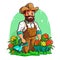 A gardener tends flowers and plants in the garden. Gardening work, maintenance of greenery and parks. Cartoon vector illustration