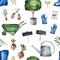 Gardener texture with gumboots,scissors,seed,tree,watering can,gloves,wheelbarrow
