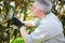 Gardener thinking to prune a tree