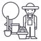 Gardener,tree,shovel,watering can,bush vector line icon, sign, illustration on background, editable strokes