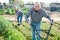 Gardener using plow at land with green grass in greenhouse