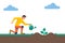 Gardener with watering can hold in hand. Planting tree. Vector flat