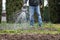 Gardener watering organic vegetable garden using watering can