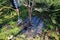 A gardener waters a young fruit tree with a hose.