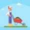 Gardener with wheelbarrow flat vector illustration