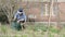 Gardener woman cleaning old grass from flowerbed in garden backyard