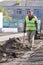 Gardener in work clothes walking near newly planted tree alley in a city park or square. Landscaping of city streets, yard with