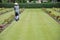 Gardener working on the lawn in a cemetery with headstones in the background