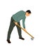Gardener working soil with hoe in garden vector illustration. Villager man digging earth. Farmer put the seed of plant.