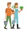 Gardeners couple plant pot water can