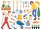 Gardeners with gardening equipment and tools, horticultural elements, plants. Shovel, watering can, seeds. People caring