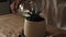 gardeners hand transplanting succulent in pot on table. Concept of home garden