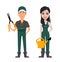 Gardeners, man and woman, cartoon characters, set.