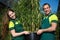 Gardeners posing with bamboo plant at nursery