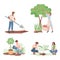 Gardening, agriculture gardener hobby vector flat illustration. People working in garden.